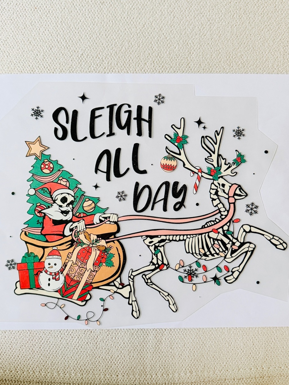 DTF Transfer Skeleton Christmas Sleigh All Day Sticker Decal Heat Transfer